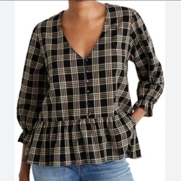 Madewell Plaid Courtyard Metallic Ruffle Hem Peplum Button Blouse XS - Picture 1 of 7